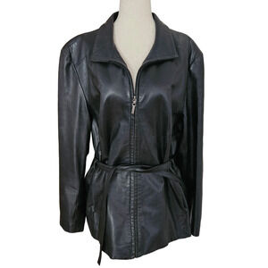 Vintage 90s Black Lambskin Leather Jacket Zipup Tie Belt Patchwork Extra Large